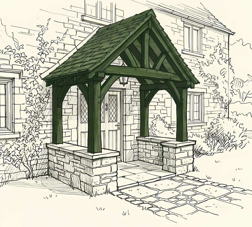 Sketch of a porch with the oak canopy, posts and gable highlighted in green