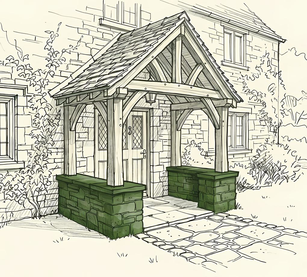 Sketch of a porch with the stone dwarf walls and pillars highlighted in green