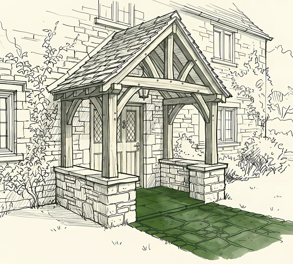 Sketch of a porch with the entrance paving up to the door highlighted in green