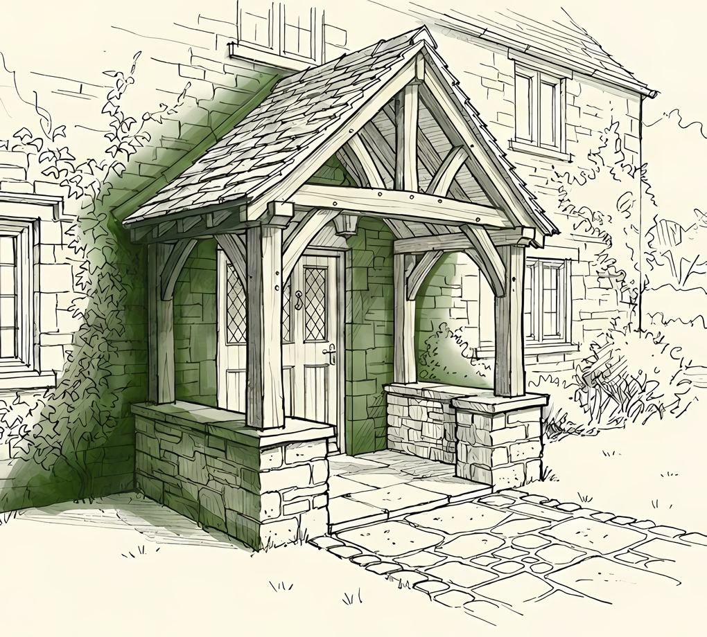 Sketch of a porch with the house wall it ties into highlighted in green