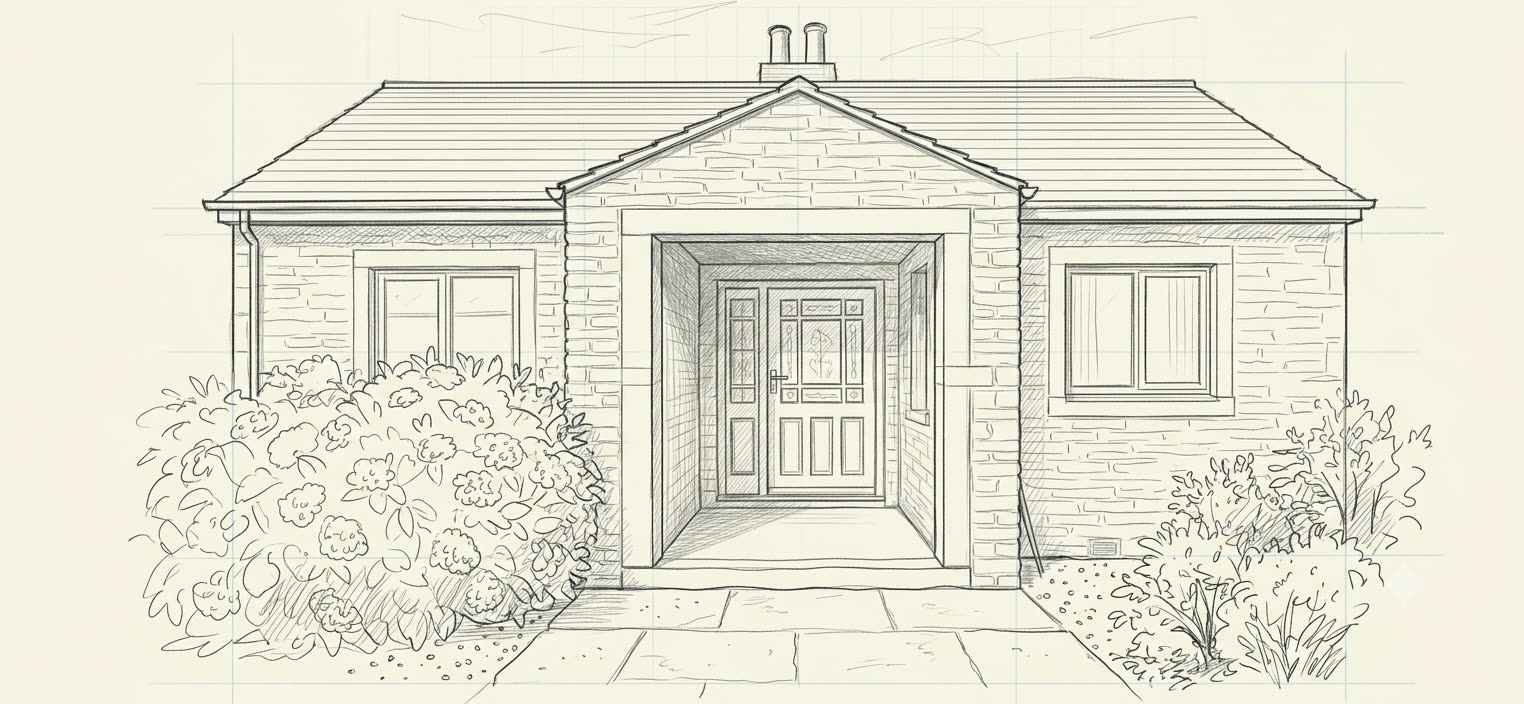 Architect's sketch of a stone porch we built: coursed gable, dressed surround and flag path, drawn from the job photo
