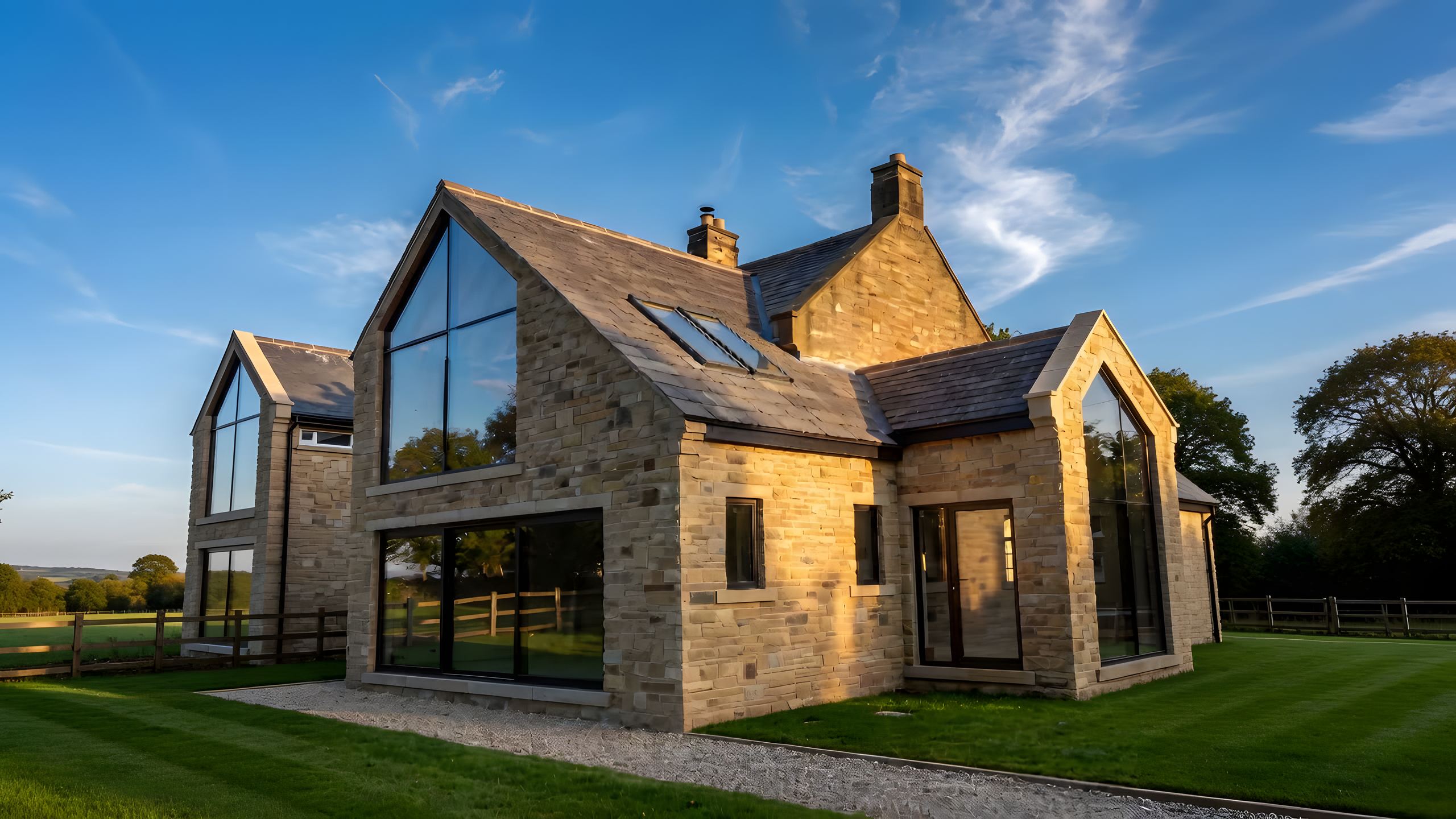 Two-storey stone-matched extension with glazed gable, golden hour